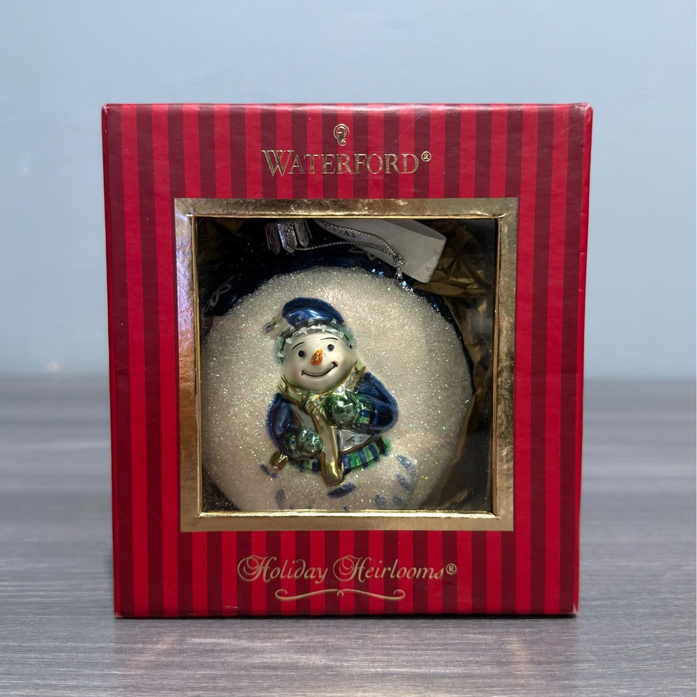 Waterford Holiday Heirlooms Snowman Glass Ornament Cobalt Blue Silver Glitter